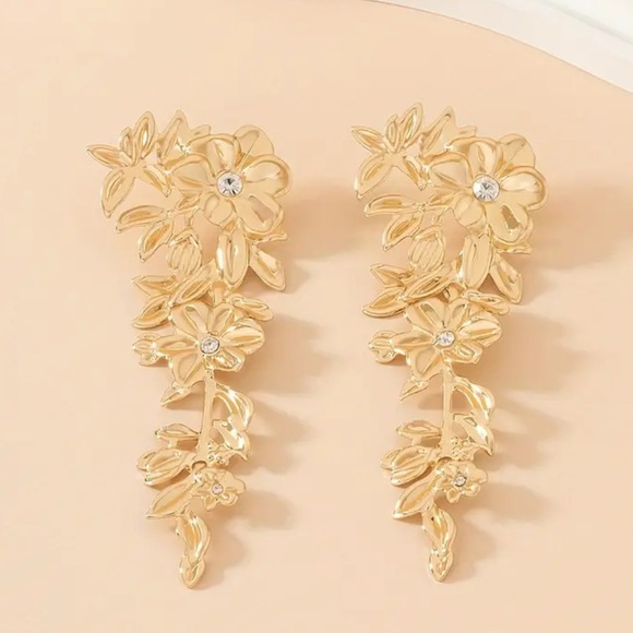 224. Rhinestone Flower Earrings - Long Dangle Bohemian Glam - Picture 2 of 2